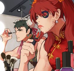 2boys alternate_hairstyle applying_lipstick applying_makeup beard black_dress bottle bun_cover china_dress chinese_clothes crossdressing dress etrian_odyssey eyepatch facial_hair flower_eyepatch frown goeppe grey_eyes indoors light lipstick makeup makeup_brush monk_(sekaiju) monk_5_(sekaiju) multiple_boys pirate_(sekaiju) pirate_1_(sekaiju) red_dress red_hair sekaiju_no_meikyuu sekaiju_no_meikyuu_3 sekaiju_no_meikyuu_hd sleeveless sleeveless_dress stubble twintails