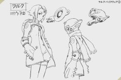 Rule 34 | 1girl, 2000s (style), reference sheet, gainax, greyscale, helmet, lal&#039;c mellk mal, monochrome, motorcycle helmet, multiple views, notes, official art, production art, sadamoto yoshiyuki, scarf, short hair, top wo nerae! (series), top wo nerae 2!, traditional media