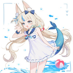 1girl :3 ahoge animal_ear_fluff animal_ears ball bare_arms beachball blonde_hair blue_eyes blue_hair blue_neckerchief blue_sailor_collar bow bubble cat_ears collar commentary dress fang fins fish fish_girl fish_tail floating_hair frilled_dress frills hair_bow hand_up heart indie_virtual_youtuber leaning_forward lifebuoy_hair_ornament long_hair looking_at_viewer low_twintails multicolored_hair neckerchief okyurita one_side_up open_mouth paper_boat sailor_collar sameko_saba scrunchie sleeveless sleeveless_dress smile solo splashing streaked_hair tail twintails very_long_hair virtual_youtuber water waving white_background white_dress wrist_scrunchie