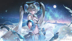 Rule 34 | + +, 1girl, bikini, black ribbon, blue halo, blue scrunchie, blue skirt, full moon, grey hair, hair intakes, halo, highres, long hair, looking at viewer, luna: oblivion (crystalline glance) (pgr), luna: oblivion (pgr), luna (pgr), milky way, moon, mountainous horizon, navel, neck ribbon, night, night sky, ocean, official alternate costume, official art, outdoors, outstretched arm, outstretched hand, punishing: gray raven, reaching, reaching towards viewer, ribbon, scrunchie, showgirl skirt, skirt, sky, smile, solo, star (sky), starry sky, stomach, swimsuit, twintails, upper body, very long hair, water drop, watermark, weibo watermark, white bikini, wrist scrunchie, xtears kitsune