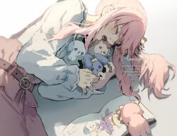 Rule 34 | 1other, akiyama mizuki, belt, blush, book, closed eyes, commentary request, crying, holding, holding stuffed toy, long hair, long sleeves, lying, memeppo, on side, open book, open mouth, other focus, pink hair, project sekai, puffy long sleeves, puffy sleeves, purple belt, purple skirt, shadow, shirt, side ponytail, simple background, skirt, solo, stuffed animal, stuffed cat, stuffed dog, stuffed hedgehog, stuffed rabbit, stuffed toy, white background, white shirt