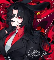 Rule 34 | 1girl, bell (crrn), black suit, evil smile, formal clothes, highres, long hair, looking at viewer, monster, nozuuw, open mouth, original, red eyes, red hair, sharp teeth, smile, solo, suit, teeth, yellow eyes