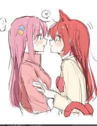 Rule 34 | ..., 2girls, animal ears, blue eyes, bocchi the rock!, bow, bowtie, cat ears, cat girl, cat tail, closed mouth, commentary request, cube hair ornament, from side, gotoh hitori, green eyes, hair ornament, heart, highres, jacket, kita ikuyo, long hair, multiple girls, natari (r161koevytjqxo), parted lips, pink hair, pink jacket, profile, red bow, red bowtie, red hair, school uniform, shirt, shuka high school uniform, simple background, spoken ellipsis, spoken heart, sweatdrop, tail, white background, yellow shirt, yuri