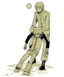 00s 2boys blush candy food gloves jumpsuit katekyo_hitman_reborn! lollipop male_focus mittens monochrome multiple_boys raglan_sleeves sawada_tsunayoshi sleeping spanner_(reborn!) unconscious wink yellow_theme