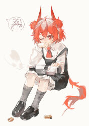 1girl absurdres ahoge arknights ascot black_dress bright_pupils chinese_commentary collared_shirt commentary_request covered_mouth dress fiammetta_(arknights) grey_background grey_socks hair_between_eyes highres invisible_chair kneehighs long_sleeves luren_max one_eye_closed orange_ascot orange_eyes orange_hair orange_tail pinafore_dress scratches shirt shoes short_hair simple_background sitting sleeveless sleeveless_dress socks solo strap_slip tail white_pupils white_shirt