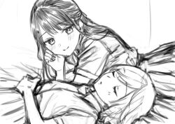 2girls blush closed_eyes closed_mouth commentary_request fingernails greyscale highres hijiki_(hijikini) long_hair looking_at_another lying monochrome multiple_girls murasaki_hinoka official_art on_back on_stomach shirt short_hair short_sleeves sketch sleeping smile sugiyama_tsukushi yume_de_furarete_hajimaru_yuri yuri