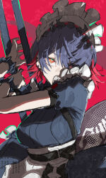 1girl apron black_dress black_hair colored_inner_hair dress ellen_joe fins fish_tail hair_over_one_eye highres holding holding_weapon looking_at_viewer maid maid_apron maid_headdress multicolored_hair red_eyes red_hair roncele shark_girl shark_tail short_hair solo streaked_hair tail weapon white_apron white_headdress zenless_zone_zero