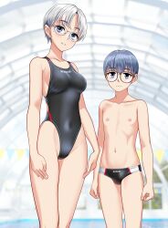 1boy 1girl absurdres age_difference black_male_swimwear black_one-piece_swimsuit breasts collarbone commentary_request competition_swimsuit covered_navel glasses green_eyes grey_hair highleg highleg_one-piece_swimsuit highres indoors male_swimwear medium_breasts mole mole_under_eye multicolored_male_swimwear one-piece_swimsuit onee-shota original parted_lips standing striped_clothes swim_briefs swimsuit takafumi variant_set
