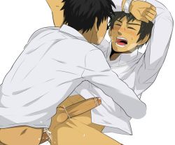 2boys anal black_hair bottomless closed_eyes cum cum_in_ass hihumi male_focus male_penetrated multiple_boys open_mouth penis school_uniform sex shirt white_shirt yaoi