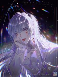 1boy :p absurdres bandaged_neck bandages black_background black_horns bleeding blood blood_on_face bloody_bandages blue_halo chinese_commentary commission cross cross_earrings cuts earrings facial_mark fangs grey_eyes hair_between_eyes halo head_on_hand head_rest highres horns injury jewelry long_hair long_sleeves looking_at_viewer male_focus original partially_unbuttoned piercing pinky_ring popped_collar refraction shirt sleeve_cuffs slit_pupils smile solo tongue tongue_out tongue_piercing upper_body watermark white_hair white_shirt zhumojian