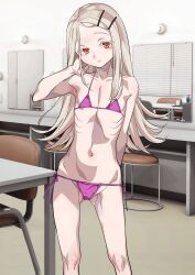 1girl absurdres armpits bare_shoulders bikini blonde_hair chair emaciated flat_chest gakuen_idolmaster grin gujira hair_ornament hairclip highres idolmaster long_hair looking_at_viewer mirror navel orange_eyes purple_bikini ribs shinosawa_hiro skinny smile solo swimsuit table textless_version