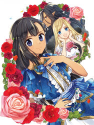 1boy 2girls amelia_logan black_hair blonde_hair blue_bow blue_bowtie blue_dress blue_eyes blush bow bowtie character_request closed_mouth dark-skinned_female dark-skinned_male dark_skin dress flower fujiwara_rika gerald_(watashi_wa_akuyaku_reijou_nanka_ja_nai!!_yami_tsukai_dakaratte_kanarazushimo_akuyaku_da_to_omou_na_yo!) hand_up hands_up highres long_hair multiple_girls official_art open_clothes pointy_ears rose simple_background smile very_long_hair watashi_wa_akuyaku_reijou_nanka_ja_nai!!_yami_tsukai_dakaratte_kanarazushimo_akuyaku_da_to_omou_na_yo! white_background white_dress