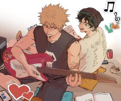 2boys alternate_costume amplifier arm_tattoo artist_name back bakugou_katsuki black_shirt black_shorts blonde_hair boku_no_hero_academia bonnet cellphone clothes_writing earrings electric_guitar fender_stratocaster freckles green_eyes green_hair guitar heart highres holding holding_instrument holding_plectrum instrument izukkuns jewelry looking_at_another male_focus midoriya_izuku multiple_boys music musical_note on_ground open_mouth orange_socks pencil_behind_ear phone playing_guitar playing_instrument plectrum red_eyes shirt short_hair shorts simple_background sitting sleeves_pushed_up smartphone socks spiked_hair tattoo teeth white_background white_shirt