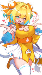 +_+ 1girl absurdres blonde_hair blue_eyes blue_hair blush bombergirl breasts bun_cover china_dress chinese_clothes cleavage cleavage_cutout clothing_cutout commentary_request double_bun dress foot_out_of_frame frilled_sleeves frills hair_bun hair_intakes highres large_breasts long_sleeves looking_to_the_side mitorizu_02 multicolored_hair open_mouth orange_sash orange_shoes pet pine_(bombergirl) ribbon-trimmed_thighhighs ribbon_trim shoes short_hair simple_background smile solo standing standing_on_one_leg thighhighs two-tone_hair white_background white_thighhighs yellow_dress yellow_pupils