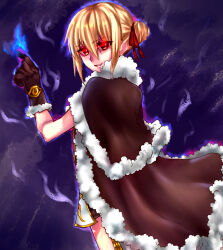 Rule 34 | 1girl, aura, bio lab, blonde hair, blush, brown cape, brown gloves, cape, commentary request, cowboy shot, double bun, fang, fur-trimmed cape, fur-trimmed gloves, fur trim, gloves, hair between eyes, hair bun, hair ribbon, high wizard (ragnarok online), highres, kathryne keyron, long bangs, looking at viewer, looking to the side, open mouth, purple background, ragnarok online, red eyes, red ribbon, ribbon, shirokuro (erisnoa), short hair, smile, solo