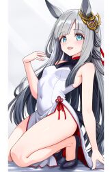 1girl absurdres alternate_costume animal_ears blue_eyes blunt_bangs blush breasts china_dress chinese_clothes chrono_genesis_(umamusume) commentary_request dress grey_hair hair_between_eyes hair_ornament highres horse_ears horse_girl horse_tail kneeling long_hair looking_at_viewer popoidraw shoes sleeveless small_breasts solo tail thighs umamusume white_background