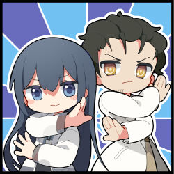 1boy 1girl artist_request bad_tag black_hair blue_eyes chibi chibi_only chinese_commentary chuunibyou facial_hair female_professor_(neural_cloud) girls&#039;_frontline girls&#039;_frontline_neural_cloud glasses grin lab_coat official_art okabe_rintarou professor_(neural_cloud) second-party_source smile steins;gate stubble yellow_eyes