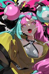 bow-shaped_hair character_hair_ornament creatures_(company) fake_hair_bun game_freak hair_ornament hexagon_print highres iono_(pokemon) jacket multicolored_hair nintendo oversized_clothes pokemon pokemon_sv sleeves_past_wrists split-color_hair tor_(torkrub111) two-tone_hair very_long_sleeves x yellow_jacket