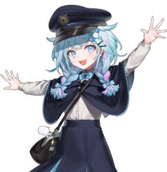 Rule 34 | 1girl, :d, artist request, bag, black bag, black capelet, black skirt, blue bow, blue bowtie, blue eyes, blue hair, blue skirt, bow, bowtie, braid, capelet, collared shirt, commentary request, fang, hair bow, hair ornament, hairclip, hat, highres, hololive, long sleeves, looking at viewer, mizumiya su, multicolored hair, official alternate costume, official art, open mouth, outstretched arms, peaked cap, pink hair, second-party source, shirt, shoulder bag, simple background, skirt, smile, solo, spread arms, streaked hair, train conductor, twin braids, virtual youtuber, white background, white shirt