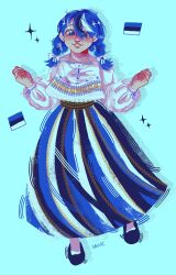 1girl black_hair black_shoes blue_eyes blue_hair braid collared_shirt drop_shadow estonia estonian_flag full_body hair_between_eyes hatsune_miku highres littlestvic long_hair long_skirt long_sleeves looking_at_viewer multicolored_hair parted_lips print_shirt print_skirt puffy_long_sleeves puffy_sleeves shirt shoes skirt smile socks solo standing streaked_hair twin_braids vocaloid white_hair white_shirt white_socks worldwide_miku