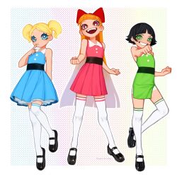 3girls bad_link black_hair black_shoes blonde_hair blossom_(ppg) blue_background blue_dress blue_eyes blunt_bangs bow bubbles_(ppg) buttercup_(ppg) clenched_hands dress floating gradient_background green_background green_dress green_eyes levitation long_hair looking_at_viewer multiple_girls n._(plaw_01) open_mouth orange_hair parted_bangs pink_background pink_dress pink_eyes polka_dot polka_dot_background powerpuff_girls red_bow shoes side-by-side smile striped_clothes striped_dress thighhighs twintails white_background white_thighhighs