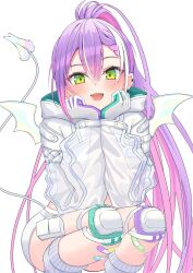 1girl demon_girl demon_tail demon_wings feet_out_of_frame green_eyes high_ponytail highres hololive hood hooded_jacket jacket knee_pads long_hair multicolored_hair mumei_(mumeillust1123) ponytail purple_hair simple_background solo squatting tail tokoyami_towa tokoyami_towa_(cyberpunk) two-tone_hair very_long_hair virtual_youtuber white_background white_hair white_jacket wings