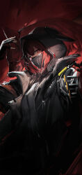1girl absurdres arknights black_coat black_gloves black_mask breasts coat crownslayer_(arknights) fingerless_gloves gloves grey_shirt hair_between_eyes hand_up highres hood hooded_coat hyena hyena_ears hyena_girl looking_at_viewer mask medium_breasts mouth_mask open_clothes open_coat red_eyes red_hair shirt solo upper_body zhili_xingzou