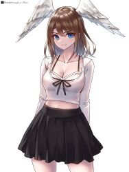 1girl absurdres alternate_costume arms_behind_back black_skirt blue_eyes breasts brown_hair cleavage closed_mouth collarbone commentary eunie_(xenoblade) head_wings highres large_breasts looking_at_viewer medium_hair pleated_skirt riro_(breakthrough_rr) simple_background skirt solo standing white_background wings xenoblade_chronicles_(series) xenoblade_chronicles_3