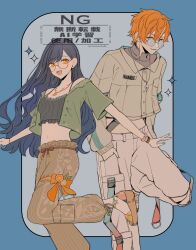 1boy 1girl absurdres black_hair blue_background bracelet brown_pants crop_top earrings food fruit glasses grey_jacket grey_pants highres jacket jewelry long_hair looking_at_viewer midriff navel necklace open_mouth orange_(fruit) orange_eyes orange_hair orange_nails pants project_sekai shinonome_akito shiraishi_an shirt shoes short_hair short_sleeves smile sparkle standing standing_on_one_leg temidoll white_pants