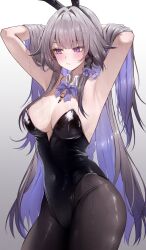 1girl absurdres animal_ear_hairband animal_ears armpits arms_up black_leotard black_pantyhose blush bow bowtie breasts closed_mouth colored_inner_hair commentary covered_navel cowboy_shot fake_animal_ears grey_hair hair_intakes hairband herta_(honkai:_star_rail) highleg highleg_leotard highres honkai:_star_rail honkai_(series) jewelry key key_necklace large_breasts leotard multicolored_hair necklace pantyhose playboy_bunny purple_bow purple_bowtie purple_eyes purple_hair rabbit_ear_hairband rabbit_ears simple_background solo strapless strapless_leotard sweat the_herta_(honkai:_star_rail) vitaminechan white_background
