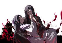Rule 34 | 1boy, 1girl, aninsigsi, architecture, black hair, black hanfu, blood, blood on body, blood on clothes, blood on face, blood on hands, burning, carrying, carrying person, chinese clothes, coat, dress, east asian architecture, fire, flower, grey coat, hair down, hair flower, hair ornament, hair over one eye, hair ribbon, half updo, hand on another&#039;s face, hanfu, highres, holding another&#039;s wrist, injury, jiang yanli, long hair, long sleeves, looking at another, modao zushi, official alternate costume, official alternate hairstyle, open clothes, open coat, parted lips, purple flower, purple hanfu, red eyes, red ribbon, ribbon, robe, sash, sitting, twitter username, watermark, wei wuxian, wei wuxian (yiling laozu), white background, wide sleeves
