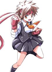 1girl :d black_skirt brown_hair clenched_hands fingerless_gloves gloves headband highres ikaringo_(ikaringo4444) kasugano_sakura leg_up neckerchief open_mouth pleated_skirt red_gloves red_headband shirt short_hair skirt smile solo street_fighter white_background white_shirt