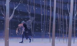 1boy 1girl arthropod_boy artist_request artoria_caster_(fate) artoria_caster_(first_ascension)_(fate) artoria_pendragon_(fate) blonde_hair cape carrying closed_eyes commission crown diamond_hairband dragonfly_wings fate/grand_order fate_(series) forest full_body fur-trimmed_cape fur_trim grey_hair highres insect_wings long_hair long_sleeves medium_hair nature oberon_(fate) oberon_(third_ascension)_(fate) princess_carry second-party_source shirt snowing twintails walking white_shirt wings winter