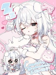 1girl :3 ahoge antenna_hair bandaid bandaid_on_arm bandaid_on_cheek bandaid_on_face bare_shoulders bell black_eyes blue_bandaid blush bow camisole chibi chibi_inset collar collarbone commission dated diamond_(shape) fang fingerless_gloves frilled_camisole frills fur-trimmed_gloves fur_trim gloves hair_between_eyes hair_intakes hair_ornament hair_over_shoulder hair_ribbon half-closed_eyes heart highres holding holding_stuffed_toy knees_together_feet_apart leg_warmers long_hair neck_bell one_eye_closed original orphaneater_io parted_lips pink_background pink_bow pink_collar pink_ribbon ribbon sidelocks sitting spaghetti_strap stuffed_toy twitter_username very_long_hair white_camisole white_gloves white_hair white_leg_warmers wing_hair_ornament zzz