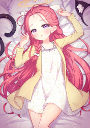 1girl alternate_costume animal_ears blue_archive braid cat_ears cat_tail dress fake_animal_ears fake_tail hair_ornament hairclip halo hands_up highres jacket long_hair looking_at_viewer lying on_back open_mouth parallel_hairclips purple_eyes red_hair short_dress solo tail tail_removed unworn_fake_animal_ears white_dress wodaex yellow_halo yellow_jacket yuzu_(blue_archive)