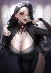 1girl arch bead_necklace beads bitaro black_dress black_hair blood blood_on_breasts blood_on_face breasts brooch cleavage cowboy_shot dress earrings fang finger_to_mouth frills gem hair_between_eyes hair_over_one_eye highres jewelry lace lace-trimmed_dress lace-trimmed_sleeves lace_trim large_breasts leaning_forward long_hair long_sleeves looking_at_viewer nail_polish necklace original parted_lips red_eyes red_gemstone red_lips red_nails side_slit smile smoke solo vampire very_long_hair wrist_extended