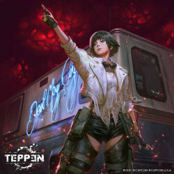 1girl black_gloves black_hair black_shorts capcom copyright_name devil_may_cry_(series) devil_may_cry_5 fingerless_gloves friendhaircut gloves goggles goggles_around_neck highres jacket lady_(devil_may_cry) motor_vehicle official_art shirt short_hair shorts van white_jacket white_shirt