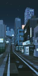 animated animated_gif building city cityscape commentary english_commentary highres lamppost looping_animation night night_sky no_humans original outdoors pixel_art road scenery shooting_star sky star_(sky) street waneella
