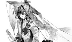 1boy bandaged_fingers bandages braid bright_pupils character_request chinese_clothes cowboy_shot grey_eyes greyscale hair_between_eyes hand_on_hilt hand_on_own_neck hanfu highres layered_sleeves long_hair long_sleeves mala_tiantian_quan male_focus monochrome parted_lips red_pupils see-through_clothes see-through_veil single_braid sleeves_past_wrists solo spot_color veil very_long_hair weimao white_background wide_sleeves wuwei_you_chu_you_hai_wu