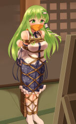 1girl arms_behind_back bare_shoulders bdsm blush bondage bound breasts cloth_gag detached_sleeves frog_hair_ornament gag gagged green_eyes green_hair hair_ornament hair_tubes highres improvised_gag indoors kneehighs kochiya_sanae lace lace-trimmed_skirt lace_trim large_breasts long_hair mukanata over_the_nose_gag restrained ribbon shibari shirt skirt sleeveless snake_hair_ornament socks solo stuffed_animal stuffed_toy touhou white_shirt white_socks