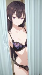 1girl :3 bare_shoulders bed bedroom black_bra black_panties bra breasts brown_eyes brown_hair cleavage collarbone curtains highres large_breasts lingerie logo long_hair looking_at_viewer panties smug soles solo suou_yuki thighs tokidoki_bosotto_roshia-go_de_dereru_tonari_no_alya-san underwear