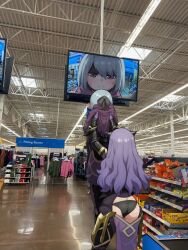 2girls armor ass ass_cutout bandana beruka_(fire_emblem) black_armor black_panties butt_crack camera camilla_(fire_emblem) chaps clothing_cutout fake_horns fire_emblem fire_emblem_fates highres horns lifting_person long_hair meme multiple_girls nintendo panties photo_background purple_eyes purple_hair revealing_clothes short_hair showing_baby_to_a_supermarket_camera_(meme) sifserf underwear walmart