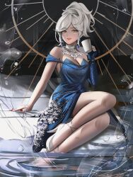 1girl absurdres arm_support bare_shoulders blue_dress breasts cleavage cup dress eternity_(reverse:1999) full_body grin hand_up high_heels highres holding holding_cup indoors jellyfish_earrings jewelry large_breasts long_dress looking_at_viewer medium_hair necklace notgustiarp off-shoulder_dress off_shoulder ponytail reverse:1999 shoes single_sleeve sitting smile solo white_hair white_shoes yellow_eyes yokozuwari