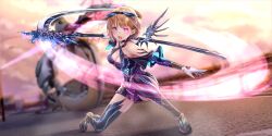 Rule 34 | 1girl, bare shoulders, black bow, black dress, black thighhighs, blue reflection (series), blue reflection sun, bow, breasts, brown hair, brown shoes, cleavage, cloud, cloudy sky, criss-cross halter, diffraction spikes, dress, dutch angle, evening, fighting stance, game cg, gloves, glowing, glowing eye, hair ornament, halterneck, highres, holding, holding scythe, hoshizaki ao, kishida mel, light trail, magical girl, medium breasts, monster, non-web source, official art, on one knee, outdoors, outstretched arm, purple eyes, scythe, shoes, short hair, single wing, sky, solo focus, thighhighs, white gloves, wings