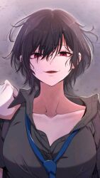 1girl black_hair blush brown_shirt collarbone female_focus grey_background happy looking_at_viewer red_eyes shirt short_hair smile smiley_face suna_byul webtoon_character_na_kang_lim