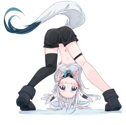 1girl absurdres ahoge animal_ear_fluff animal_ear_piercing animal_ears aqua_eyes bare_shoulders black_shorts black_tail black_thighhighs blue_neckerchief braid crossed_bangs detached_sleeves double-parted_bangs earrings extra_ears fox_ears fox_girl fox_tail front_slit full_body highres hololive hood hoodie jewelry long_hair looking_at_viewer low-tied_long_hair multicolored_tail navel neckerchief pentagram sailor_collar shirakami_fubuki shirakami_fubuki_(1st_costume) shorts side_braid sidelocks simple_background single_braid single_earring single_thighhigh solo tail tensann3 thigh_strap thighhighs virtual_youtuber white_background white_hair white_hoodie white_tail wide_sleeves