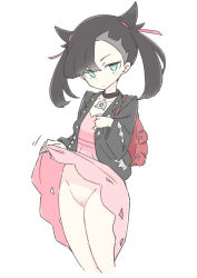 Rule 34 | 1girl, asymmetrical bangs, bag, black hair, cleft of venus, clothes lift, collar, dress, dress lift, earrings, female focus, green eyes, hair ornament, hair ribbon, highres, jacket, jewelry, kawasu, kawasu (kkaawwaass), leather, leather jacket, lifting own clothes, long sleeves, looking at viewer, marnie (pokemon), nintendo, no panties, open clothes, open jacket, pokemon, pokemon swsh, pussy, ribbon, simple background, skirt, skirt lift, solo, standing, twintails, uncensored, white background