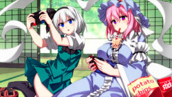 2girls black_bow black_bowtie black_hairband black_ribbon black_socks blue_dress blue_eyes blue_kimono bow bowtie breasts bubble_tea bubble_tea_challenge chips_(food) colored_eyelashes dress food ghost green_vest hairband hat highres hitodama japanese_clothes joy-con kimono konpaku_youmu large_breasts mob_cap multiple_girls nintendo_switch pink_eyes pink_hair potato_chips ribbon saigyouji_yuyuko sazanami_mio senbei short_hair socks touhou vest