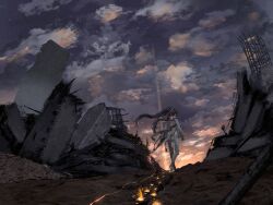 1girl absurdres black_hair cloud cloudy_sky fire full_body highres long_hair lucia:_pyroath_(pgr) lucia_(pgr) mechanical_arms multicolored_hair outdoors punishing:_gray_raven ruins saif_artz scenery sky solo star_(sky) sunset twintails two-tone_hair very_long_hair