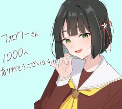 Rule 34 | 1girl, :d, black hair, blue background, blunt bangs, blunt ends, bob cut, brown dress, commentary request, curled fingers, dress, flower, flower knot, hair flower, hair ornament, hasu no sora school uniform, highres, link! like! love live!, long sleeves, looking at viewer, love live!, lower teeth only, milestone celebration, momose ginko, neckerchief, open mouth, potu sabu, sailor collar, sailor dress, school uniform, short hair, simple background, smile, solo, teeth, translation request, upper body, virtual youtuber, white flower, white sailor collar, winter uniform, yellow neckerchief